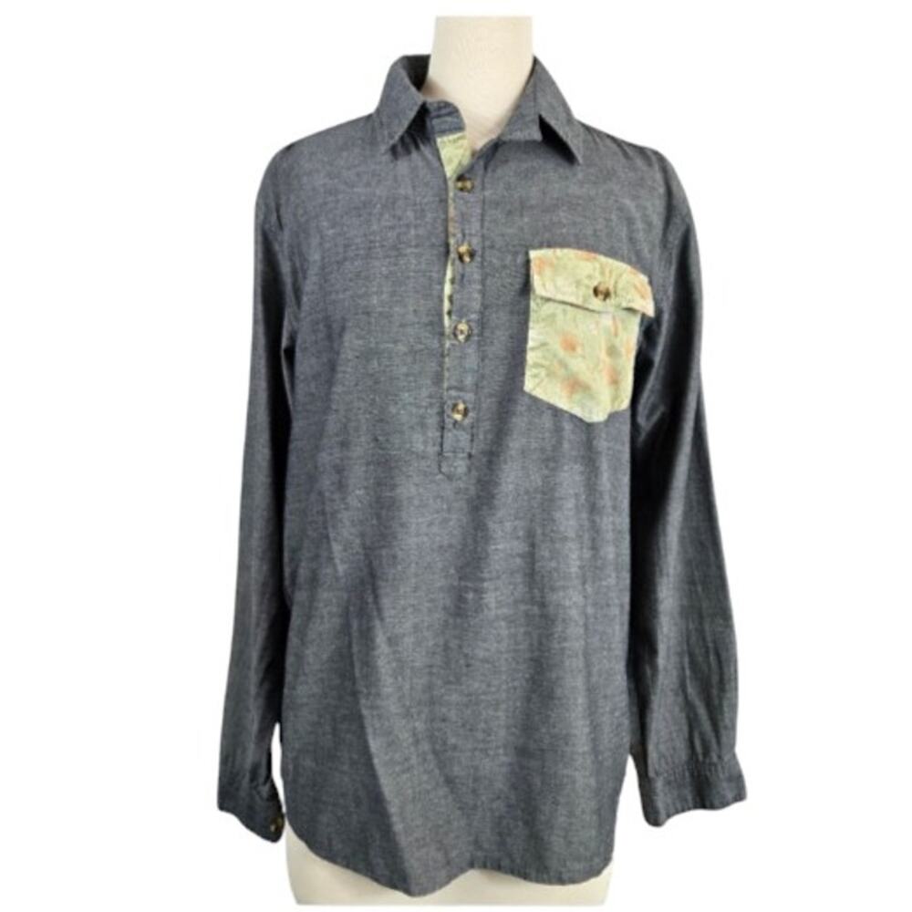 Jiberish Chambray Popover Top Floral Pocket Trim Grey Small